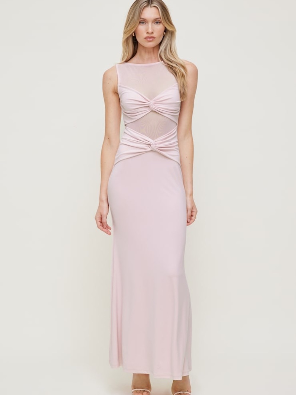 Dynamite Pale Pink Knot-Front Mesh Maxi Dress